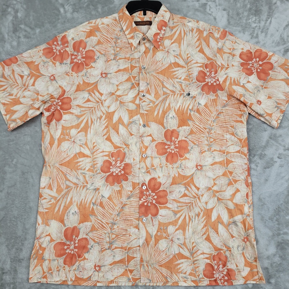Tori Richard Men's XLT Orange Floral Tropical Hawaiian Short Sleeve Shirt